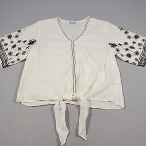 Anthropologie‎ Calligraphie Top Floral Embroidered Tie Front Blouse Size Small